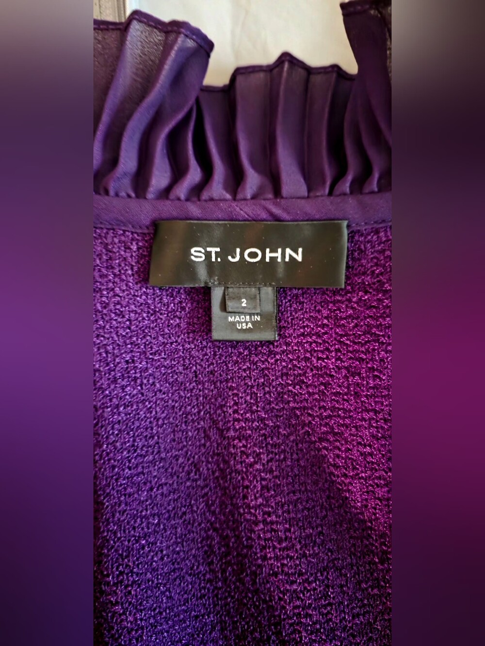 St. John Purple Ruffle Knit Jacket Size 2 + Coordinating Wool Blend Top - Picture 10 of 10